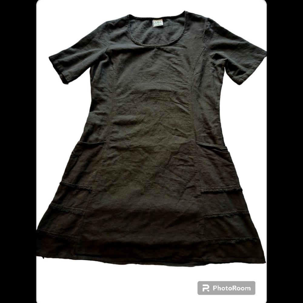 CMC Classic Cotton Black Dress With Pockets and Fringed Sides